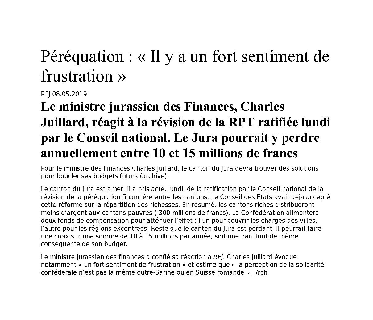 Péréquation : Il y a un fort sentiment de frustration