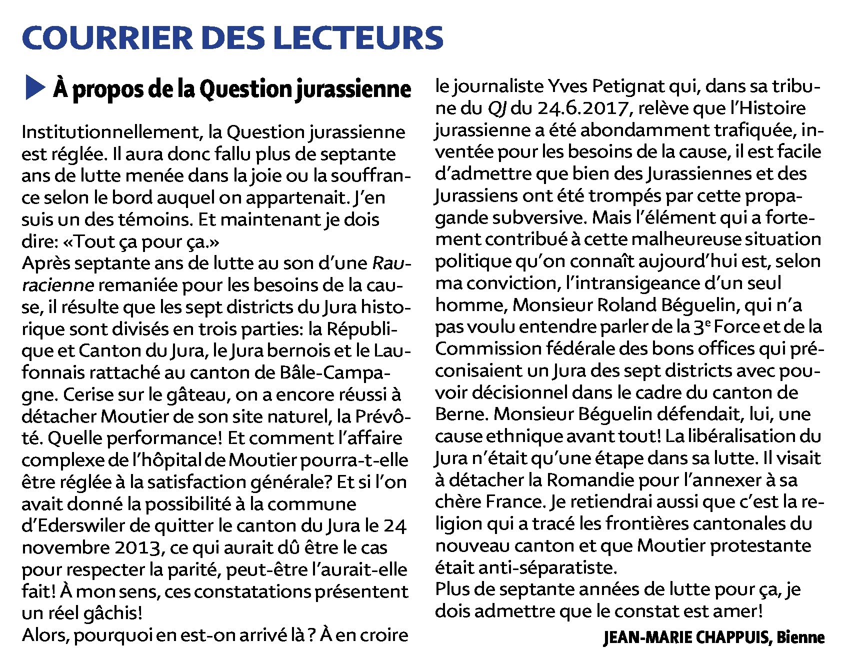Courrier des lecteurs A propos de la Question jurassienne Jean-Marie Chappuis Bienne