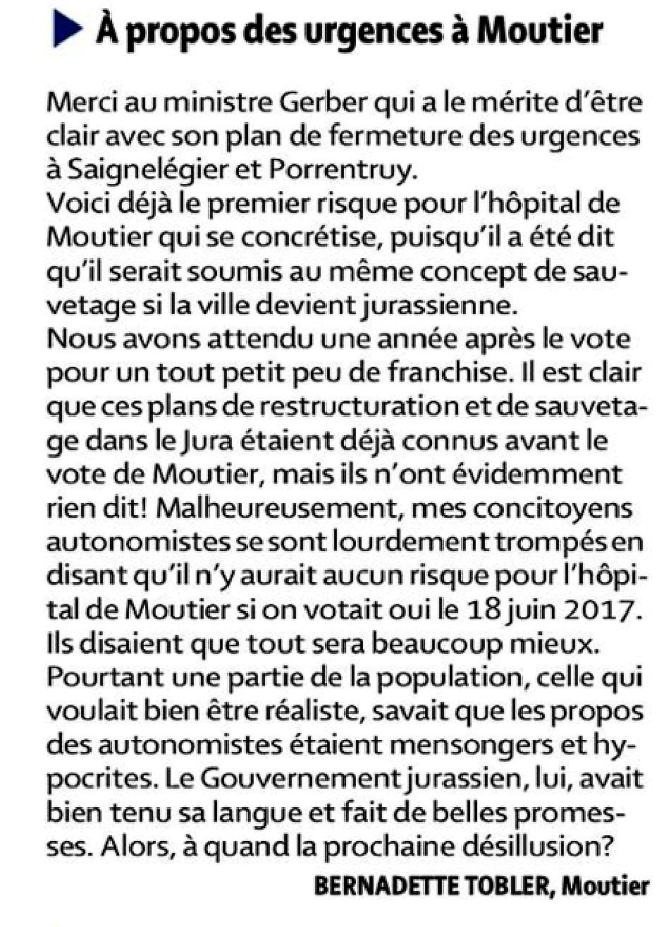 A propos des urgences à Moutier Bernadette Tobler
