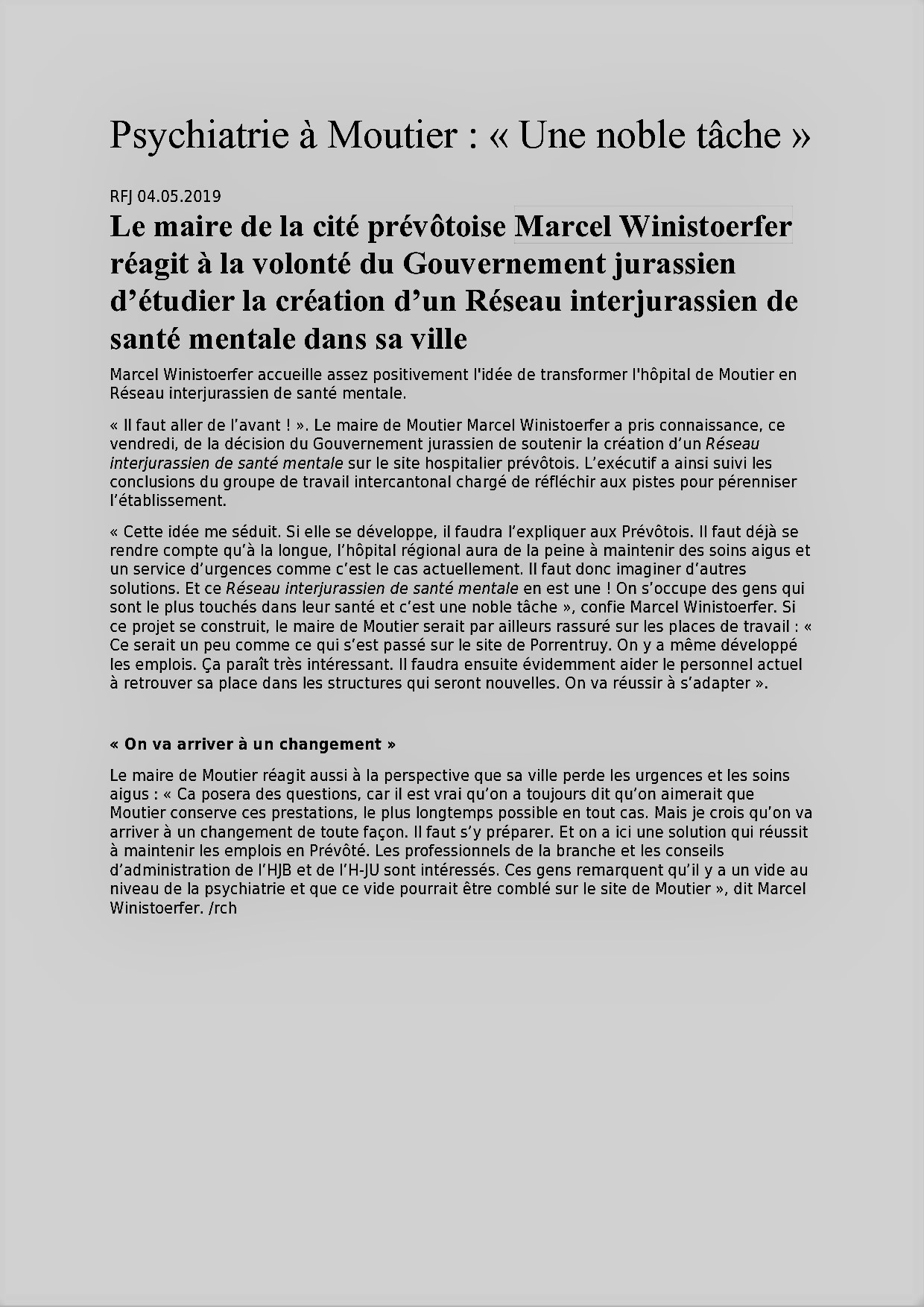 Psychiatrie à Moutier Une noble tâche
