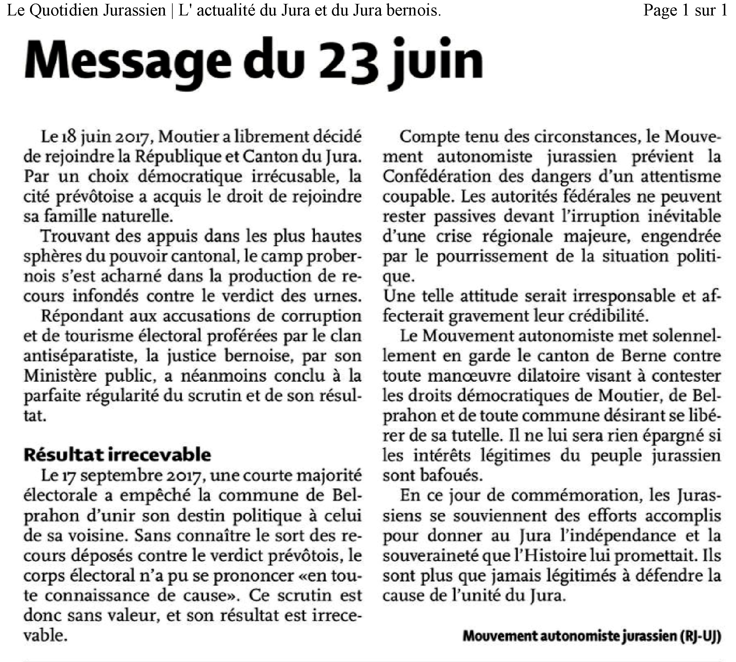 Message du 23 juin Mouvement autonomiste jurassien.jpg